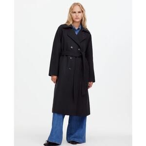 Madewell Double-Breasted Trench Coat Sz XS Black Drapey Wool-Blend Twill Belted